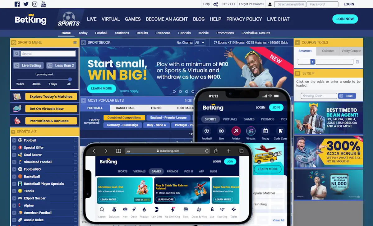 BetKing Sportsbook Homepage and Mobile View Screenshot